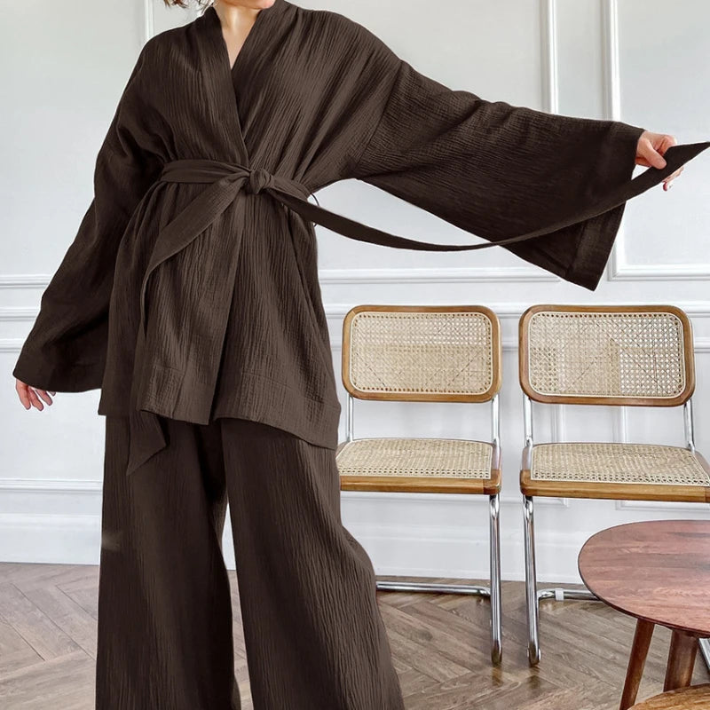 French loose fitting nightgown set with double-layer gauze women's sleepwear, solid color pure cotton women's sweatshirt